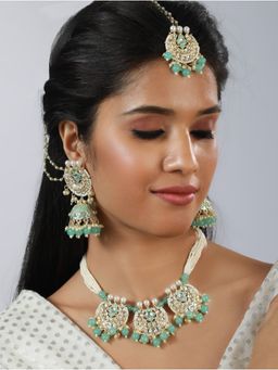 Aatmana - Gold Plated Sea Green & White Kundan Studded & Beaded Handcrafted Jewellery Set