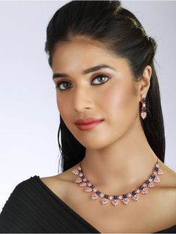 Aatmana - Rose Gold Plated Blue & White American Diamond & Cz Studded Floral Jewellery Set