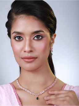 Aatmana - Rose Gold Plated Green American Diamond & Cz Studded Jewellery Set