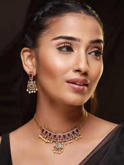 Aatmana - Gold Plated AD Studded Ruby & Emarald Stone Temple Choker Jewellery Set