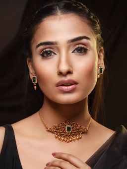 Aatmana - Gold Plated Pink & Green Stone Studded Handcrafted Temple Choker Set