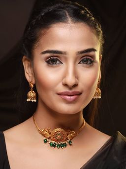 Aatmana - Gold Plated Pink & Green Stone Studded & Beaded, Peacock Motif Temple Choker Set