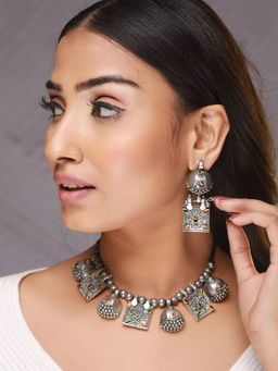 Aatmana - Silver Plated Kundan Studded & Beaded Jewellery Set