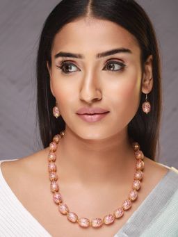 Aatmana - Gold Plated Pink & Gold Beads Handcrafted Mala with Earrings