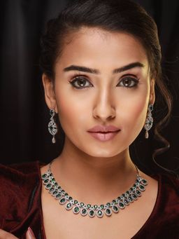 Aatmana - Silver Plated Green & American Diamond Studded Jewellery Set