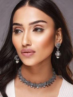 Aatmana - Silver Toned White Stone Studded & Beaded Oxidised Jewellery Set