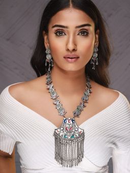 Aatmana - Oxidised Silver Plated Meenakari & Ghungroo Beads Studded Jewellery Set