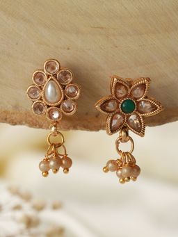 Aatmana - Set Of 2 Gold Plated Green & White Kundan Studded Flower Clip On Nose Pins
