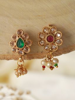 Aatmana - Set Of 2 Gold Plated Red & Green Kundan Studded Flower Nose Pins