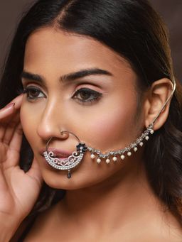 Aatmana - Silver Plated Blue Floral American Diamond Studded Nose Ring with Pearl Drop Chain