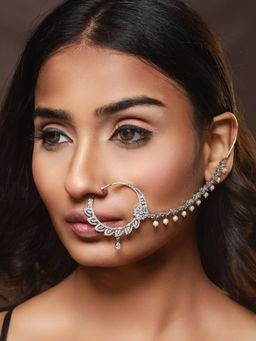 Aatmana - Silver Plated White Floral American Diamond Studded Nose Ring with Pearl Drop Chain