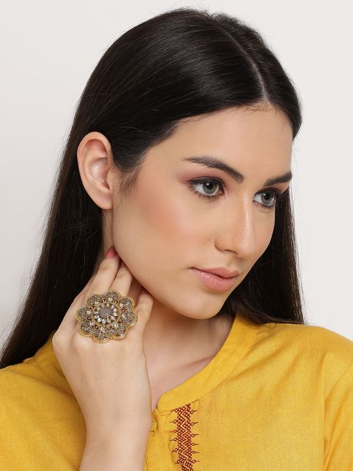 Aatmana Gold Plated Grey Kundan Studded Finger Ring