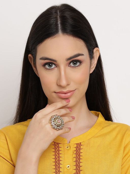 Aatmana Gold Plated Pink Kundan Studded & Beaded Adjustable Traditional Finger Ring
