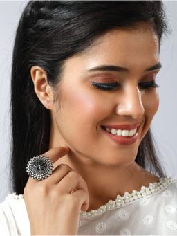 Aatmana - Oxidised Lotus Shaped Silver Plated Adjustable Handcrafted Finger Ring