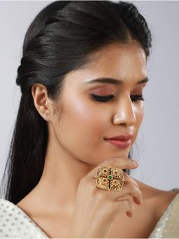 Aatmana - Gold Plated Marron & Green Stone Studded Finger Ring