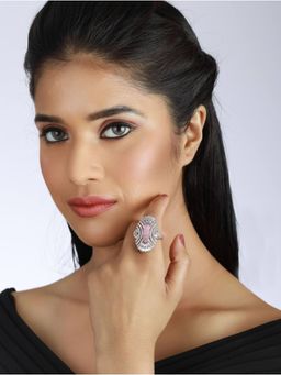 Aatmana - Pink American Diamond Studded, Silver Plated Cz Studded Adjustable Finger Ring
