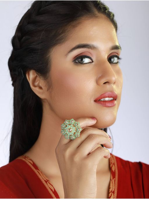 Aatmana Gold Plated Turquoise Blue & White Ad Studded Handcrafted Adjustable Finger Ring
