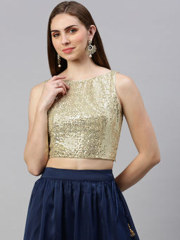 De Moza - Women Woven Embellished Polyester Gold Crop Top