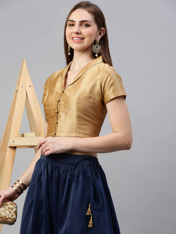 De Moza - Women Woven Solid Polyester Gold Stitched Blouse