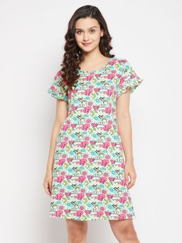 Clovia - Graphic Print Short Night Dress Pure Cotton Blue