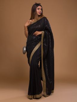 Koskii - Black Sequin Work Georgette Designer Saree With Unstitched Blouse