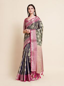 Mimosa - Women Traditional Ussi Kanjivaram Art Silk Navy Blue Saree with Unstitched Blouse