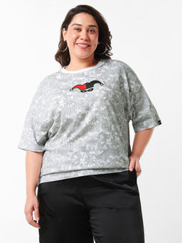 Bewakoof - Women's White & Grey All Over Printed Oversized Plus Size T-shirt
