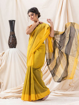 Angoshobha - Traditional Yellow Cotton Blended Handloom Saree with Unstitched Blouse