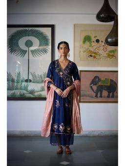 Vashisht Guru Dutt - Navy Blue Nishi Angarkha with Palazzo and Dupatta (Set of 3)