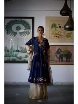 Vashisht Guru Dutt - Navy Blue Nilambar Angarkha with Sharara and Dupatta (Set of 3)