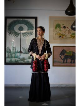 Vashisht Guru Dutt - Black Sitara Kurta with Sharara and Dupatta (Set of 3)