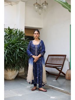 Vashisht Guru Dutt - Navy Blue Rajni Kurta with Churidar and Dupatta (Set of 3)