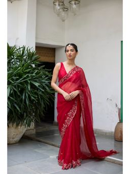 Vashisht Guru Dutt - Red Taramandal Saree with Stitched Blouse