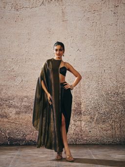 Masumi Mewawalla - Black Blouse with Drape Skirt and Cape (Set of 3)