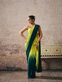 Masumi Mewawalla - Green Ombre Pre-Draped Saree with Stitched Blouse