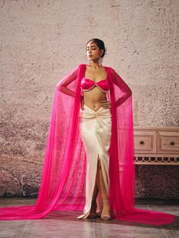 Masumi Mewawalla - Hot Pink Blouse with Cape and Skirt (Set of 3)