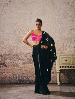Masumi Mewawalla - Black Pre-Draped Saree with Stitched Blouse