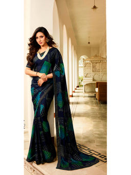 VAIRAGEE - Navy Blue Soft Rangoli Silk Printed Saree & Mono Banglory with Unstitched Blouse