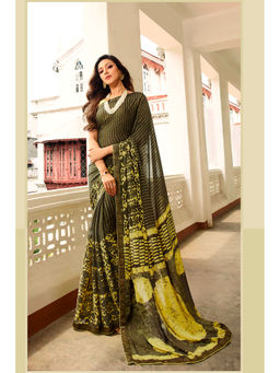 VAIRAGEE - Olive Soft Rangoli Silk Printed Saree & Mono Banglory with Unstitched Blouse