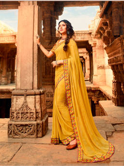 VAIRAGEE - Yellow Soft Georgette Printed Saree & Mono Banglory with Unstitched Blouse