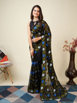 VAIRAGEE - Black Soft Georgette Embroidery Saree & Mono Banglory with Unstitched Blouse