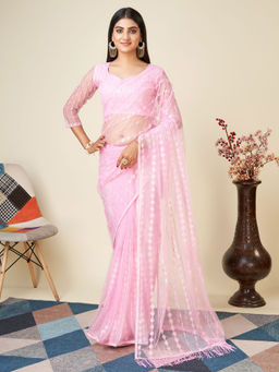 VAIRAGEE - Pink Soft Net Embroidery Work Saree with Unstitched Blouse