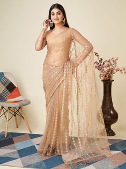 VAIRAGEE - Beige Soft Net Embroidery Work Saree with Unstitched Blouse