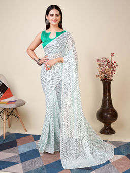 VAIRAGEE - White Georgette Sequined Embroidery Saree & Silk Mono Banglory with Unstitched Blouse