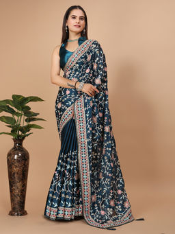 VAIRAGEE - Navy Blue Soft Rangoli Silk Embroidery Saree & Mono Banglory with Unstitched Blouse