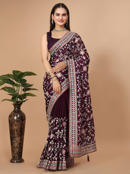 VAIRAGEE - Wine Soft Rangoli Silk Embroidery Saree & Mono Banglory with Unstitched Blouse