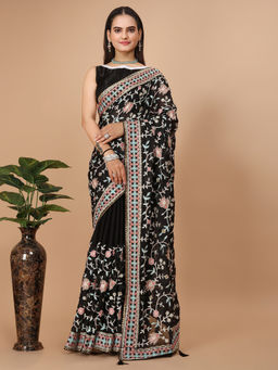 VAIRAGEE - Black Soft Rangoli Silk Embroidery Saree & Mono Banglory with Unstitched Blouse