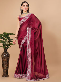 VAIRAGEE - Burgundy Soft Rangoli Silk Embroidery Saree & Mono Banglory with Unstitched Blouse