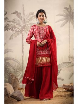 Scakhi - Red Gaji Silk Kurti Palazzo Dupatta (Set of 3)
