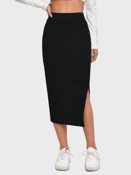 Buynewtrend - Black Solid Below Knee Slit Women Pencil Skirt